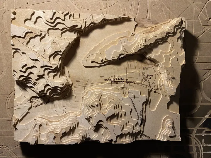 A topographic relief carving, close up